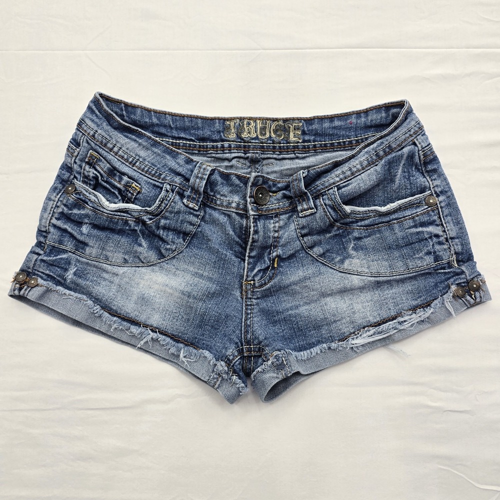 Y2K Micro Mini Womens Size 9 Low Rise Denim Shorts Distressed 30W